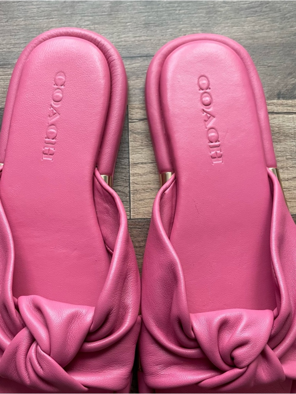 COACH Brooklyn Bright Barbie Pink and Gold Leather Sandals Slides - Picture 7 of 8